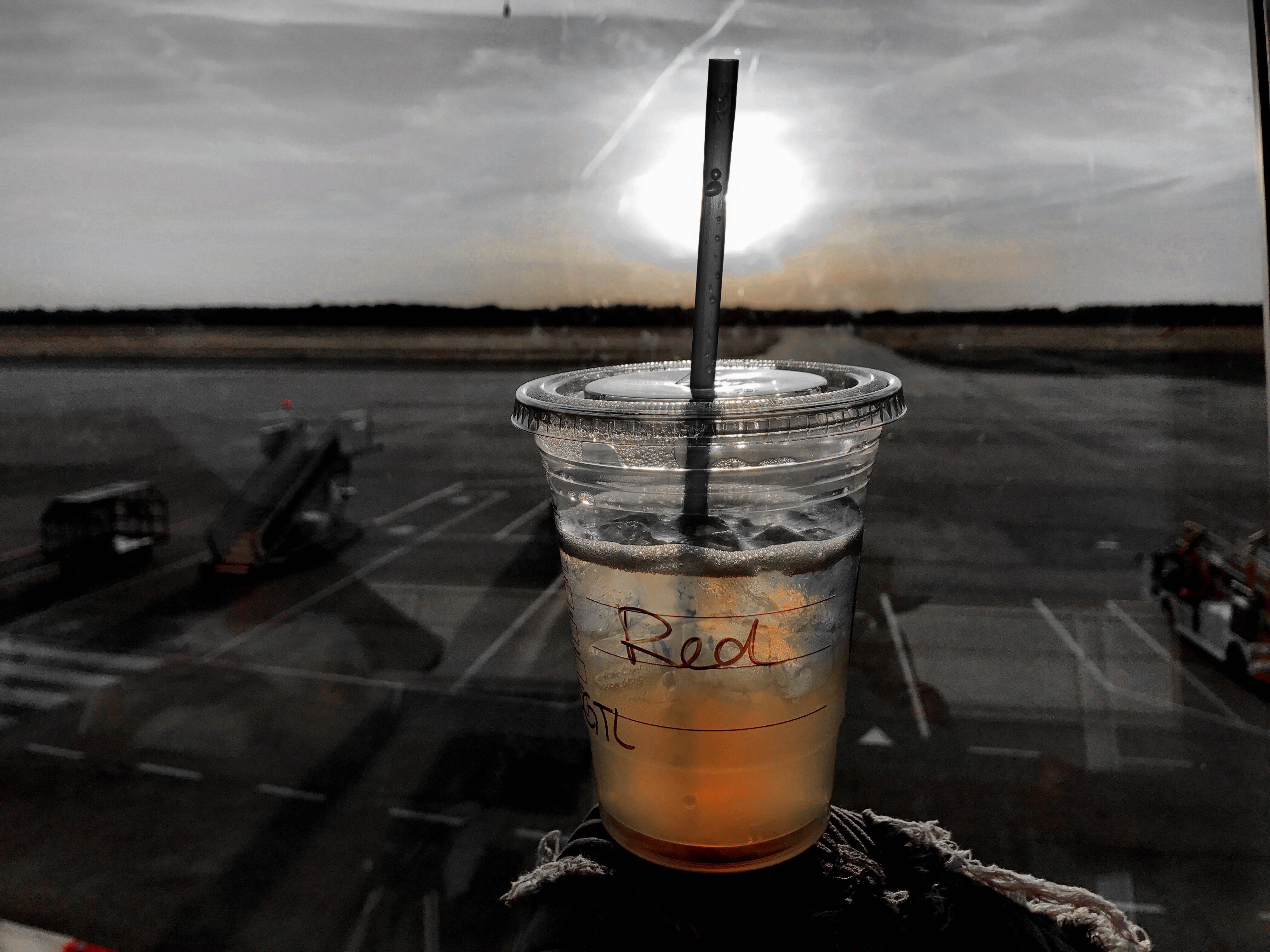 Picture of a Starbucks named Red, with a majestic Sunset faded into greyscale while on the Panorama Terrace